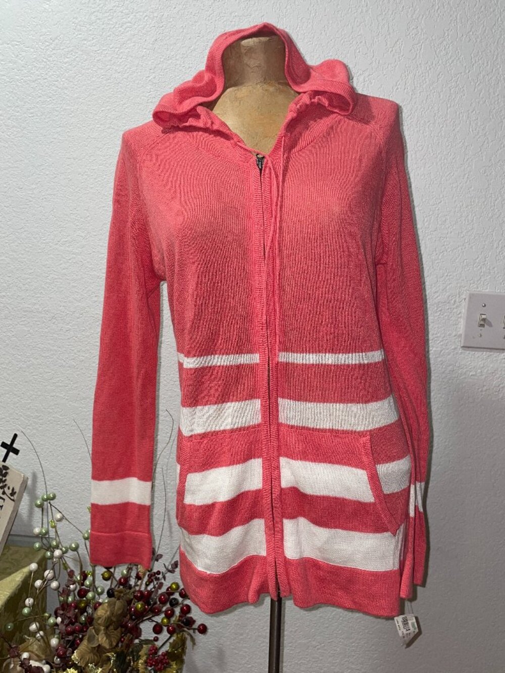 NWT $170 Pink & White Part Linen Sweater Hoodie AMICI S